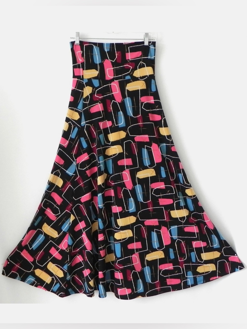 LuLaRoe ~ Maxi Skirt with Pink, Blue, Black, Yellow & Red Colorblock Shapes